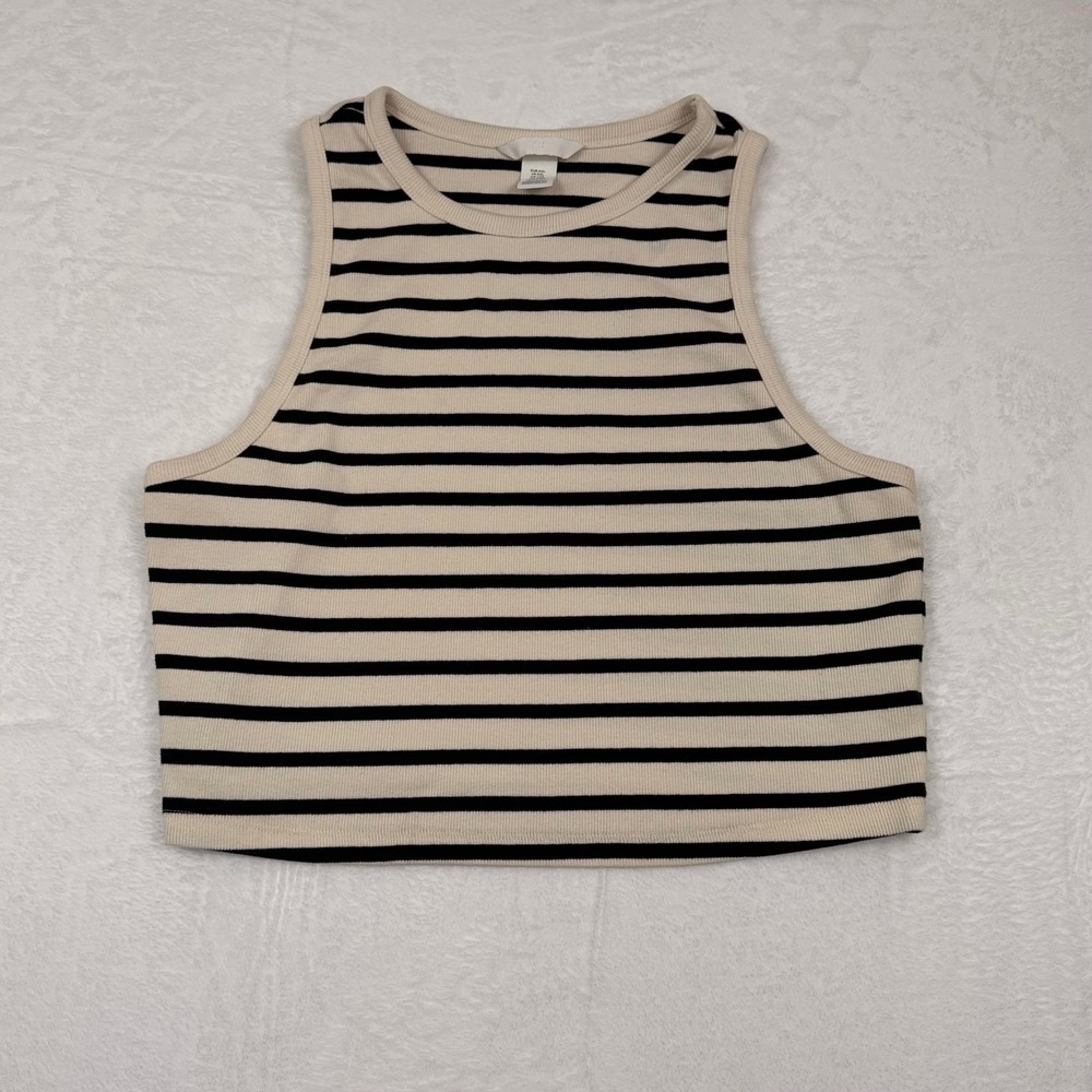 HM Divided Striped Ribbed Crop Top Beige Black Sleeveless Tank XXL